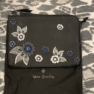 Vera Bradley Black and Blue Floral Leather Clutch Mallory Genuine Leather